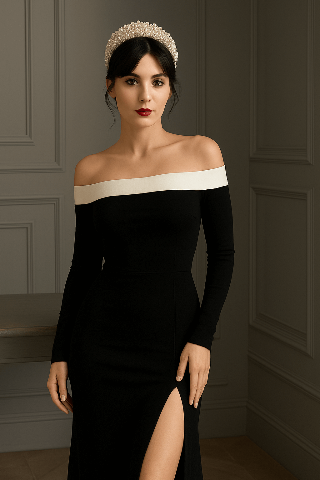 Slit Contrast Trim One-Shoulder Dress